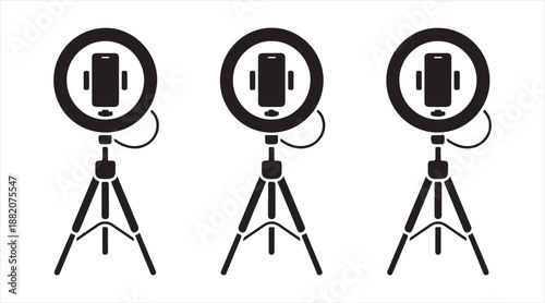 Podcast microphone and ring light icons on tripod stands