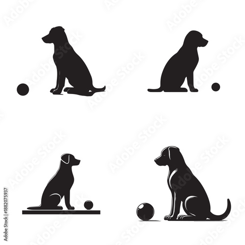 Four black dog silhouettes sit patiently with balls, illustrating different poses and sizes.