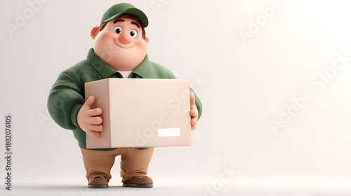 Cheerful chubby 3d cartoon delivery person holding a cardboard package box ready to hand it over to a customer for logistics and shipping services.
