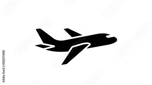 A minimalist black silhouette of an airplane in flight on a white background