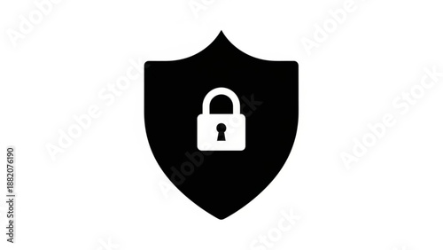 A black shield icon with a white padlock on a plain white background, symbolizing security and protection.
