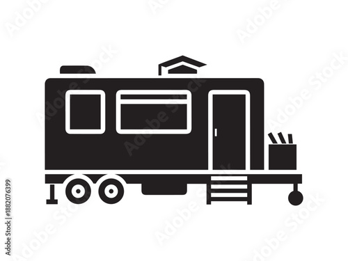 Black icon of a mobile educational unit or temporary classroom trailer with a graduation cap symbol, for remote learning and academic services.
