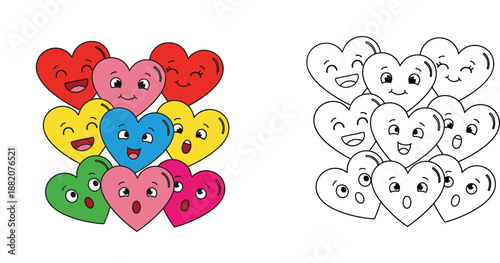 Group of cute cartoon hearts with various facial expressions vector illustration for coloring book with color reference and black outline.