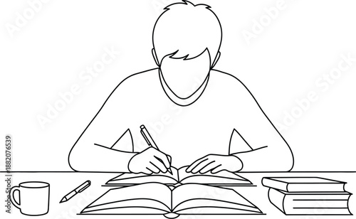 Student diligently taking notes in an open textbook while sitting at a desk surrounded by literature and a beverage for focused study sessions