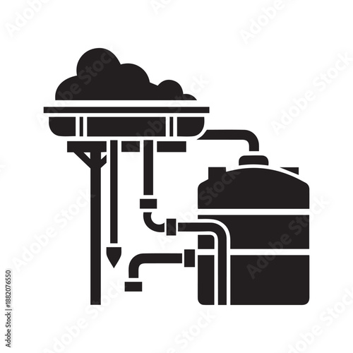 Technical silhouette icon of an advanced rainwater harvesting system with filtration and multiple storage pipes, ecological infrastructure concept.