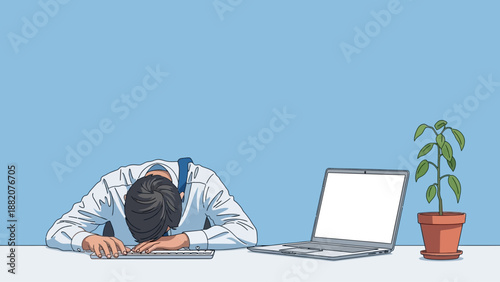 Overworked Businessman Exhausted Head Down on Keyboard at Office Desk with Laptop and Plant