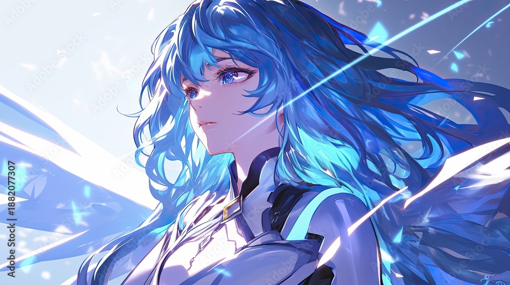 Naklejka premium Epic Anime Woman Portrait, Flowing Blue Hair, Glowing Abstract Energy, Sci-Fi Wallpaper Style, Digital Art