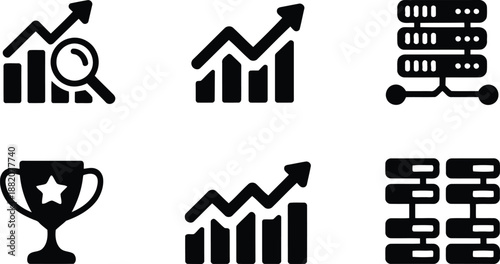 A versatile set of six black business icons depicting financial growth data and server storage units