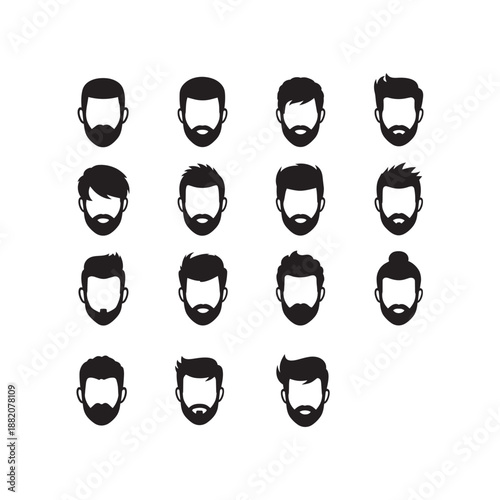 Mens hairstyle and beard grooming icons set for barber shop branding design