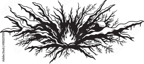 Black and white illustration of tree roots growing wildly