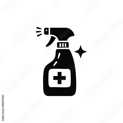 Black and white cleaning spray bottle icon with disinfectant cross symbol and shine for hygiene and sanitation