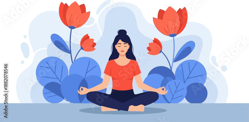 Woman Meditating in Lotus Pose Amidst Blooming Flowers and Serene Nature