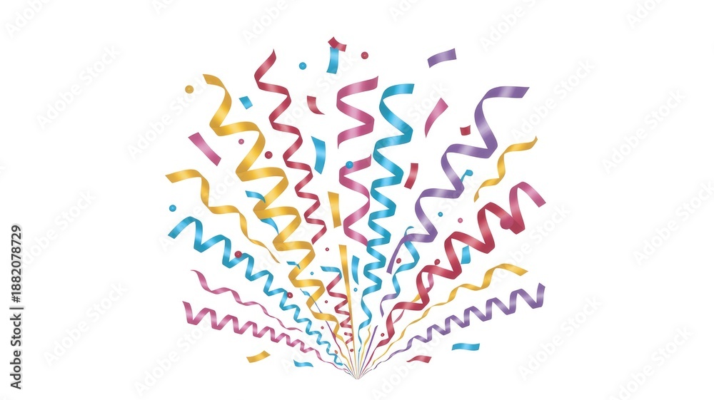 Obraz premium Vibrant explosion of colorful confetti and curled streamers bursting upwards against a white background, celebrating joy and festivity.