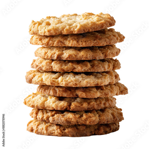 Neatly stacked pile of rustic oatmeal cookies with uneven handmade edges, golden to tan baking gradients, visible oat flakes, and crisp ridges in a slightly offset stack isolated on transparent backgr