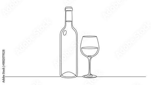Wine Bottle and Glass Line Art Illustration.