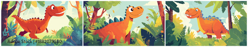Dinosaurs background cartoon set. Cute kind orange dinosaur, reptile Tyrannosaurus rex ancient tropical summer childhood child kind book cover vector illustration