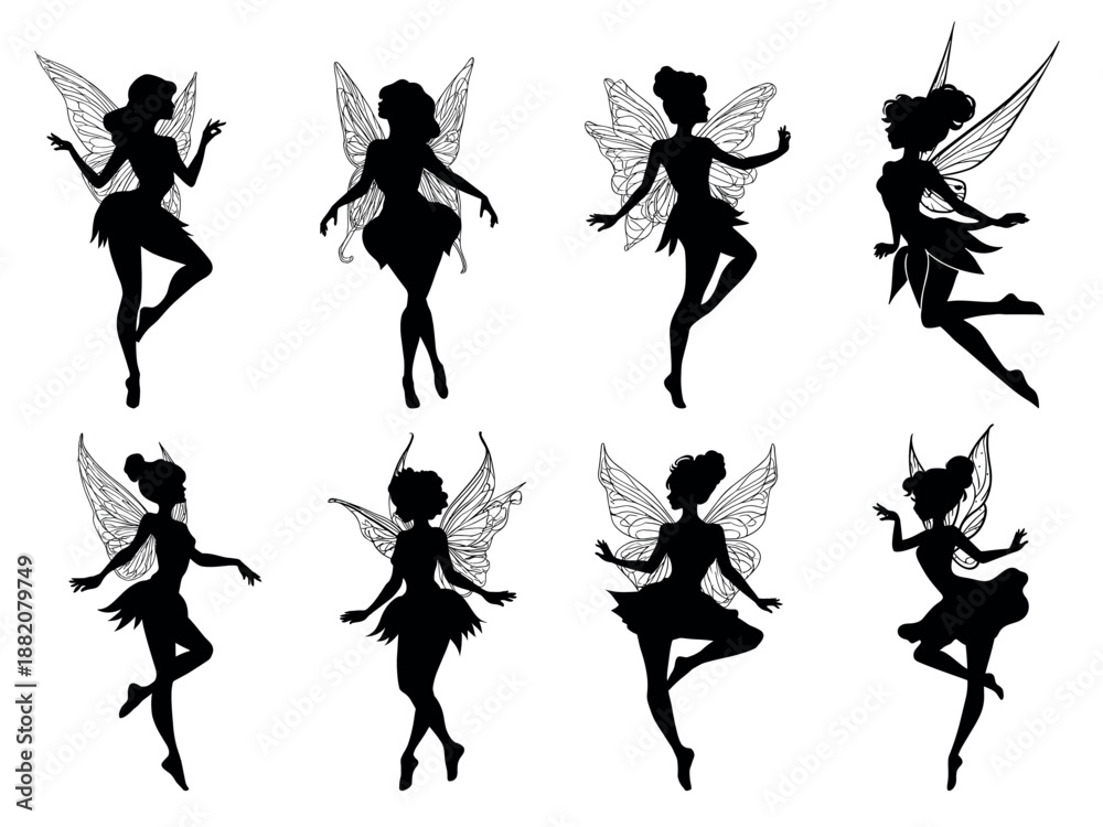 Fototapeta premium Fairies silhouette set. Magical fairy monochrome silhouette, female sorceress wings character decor vector illustration
