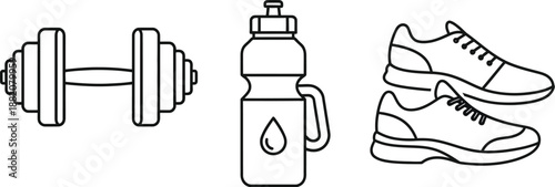 Black outline icons representing essential gym equipment including a dumbbell a water bottle and a pair of athletic running shoes