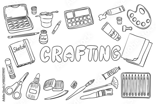 Hand drawn vector illustration with various crafting tools and lettering in the center. Concept of creativity, art supplies, and handmade DIY hobbies