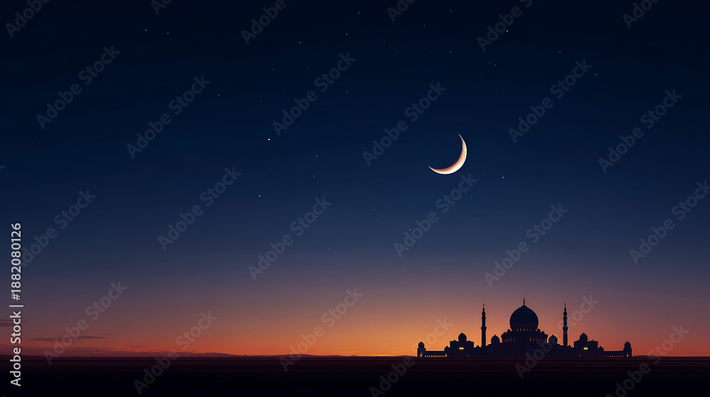 Obraz premium Crescent moon over mosque silhouette