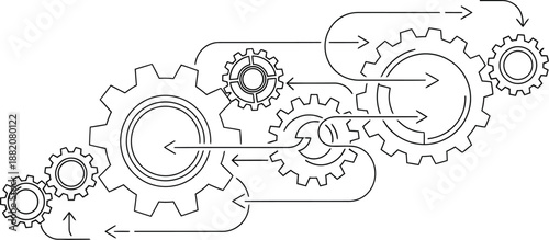 Abstract line art depicting interconnected gears in sequence with flow arrows illustrating complex processes teamwork and system integration concepts