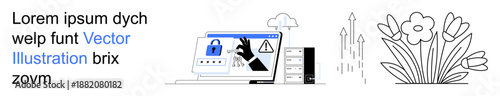 Cybersecurity, data protection, online privacy, digital safety, secure systems, threat prevention. Screen with lock, warning icons arrows and flowers. Cybersecurity and data protection concept