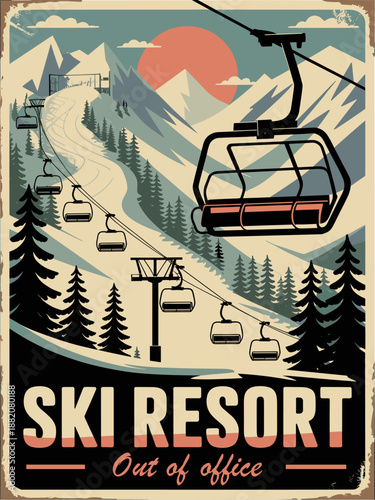 Playful hand-drawn vector of a snowy ski resort with chair lifts, perfect for winter travel and holiday designs.