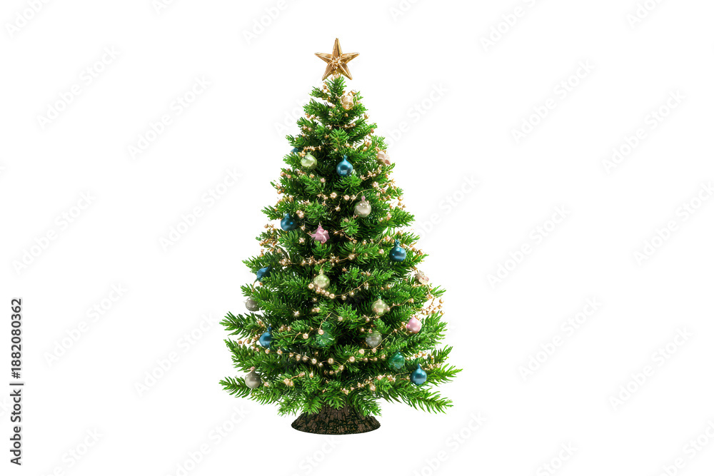 Fototapeta premium Small decorated Christmas tree with a compact cone silhouette, colorful ornaments, sparkling garland details, and a bright star topper isolated on transparent background.