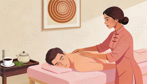 A flat, minimalist vector illustration of a woman giving a massage to her patient in a spa therapy room_02.