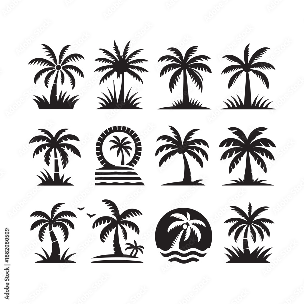 Fototapeta premium Palm Tree Silhouette Icon Set for Beach and Vacation Themes