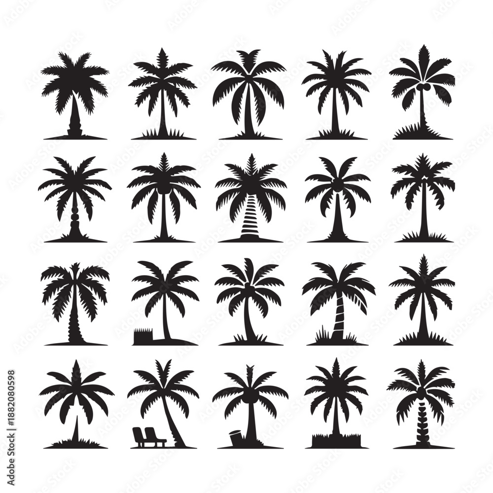 Fototapeta premium Palm Tree Silhouette Icon Set for Beach and Vacation Themes
