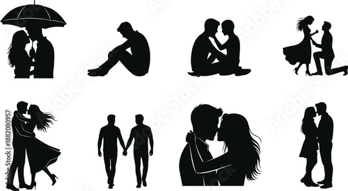 Romantic couple silhouettes set black vector illustration featuring wedding proposal kissing under umbrella walking and sitting together for love design projects