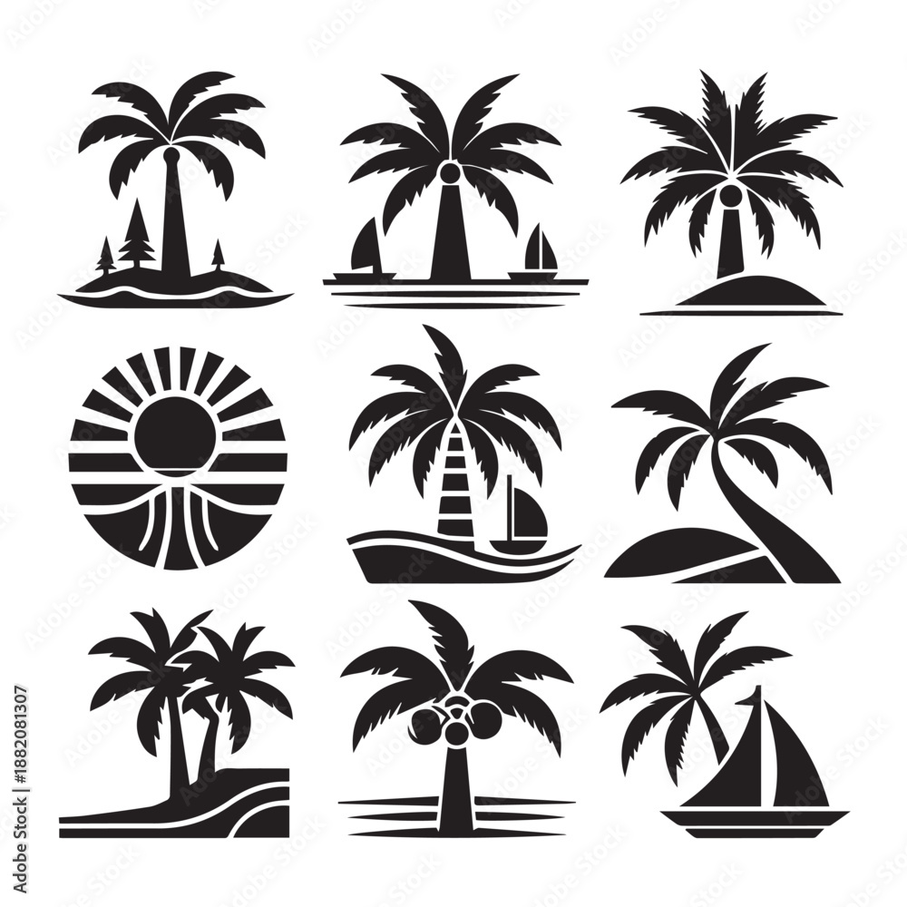 Fototapeta premium Palm Tree Silhouette Icon Set for Beach and Vacation Themes