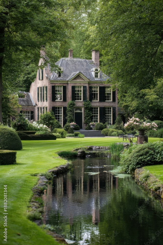Obraz premium Garden and house near a pond with trees in a green area during daytime capturing natural landscape and architecture details