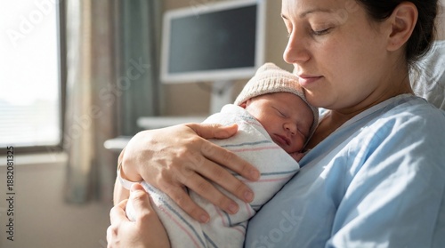 caucasian mother holding sleeping newborn baby in hospital room after birth. maternity, healthcare and family concept. website header, banner with copyspace.