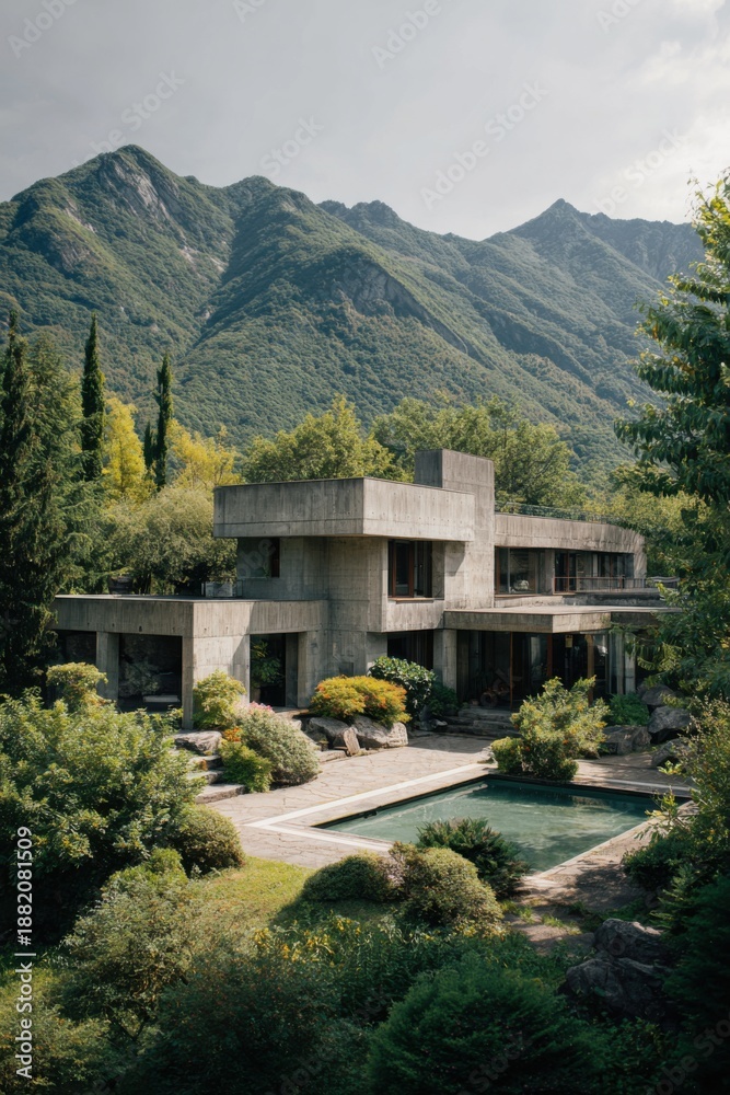 Fototapeta premium Modern concrete house located in the mountains with landscaping, pool, and trees, showcasing a blend of architecture and nature during daylight