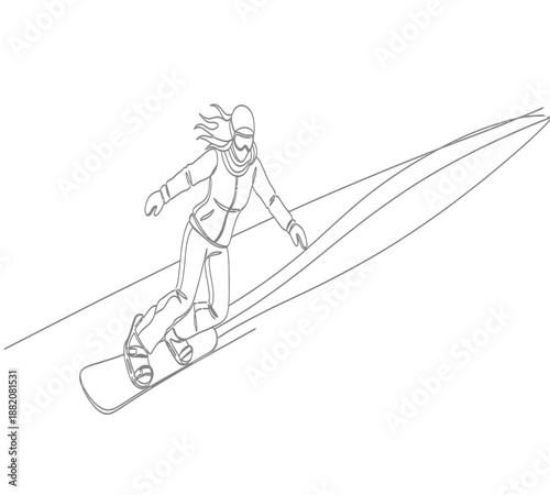 A dynamic line drawing depicts a snowboarder gracefully gliding down a snowy slope