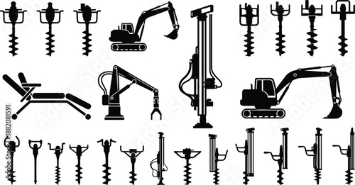 Black construction drilling machinery silhouettes set with auger drills excavators and industrial equipment isolated on white background vector illustration