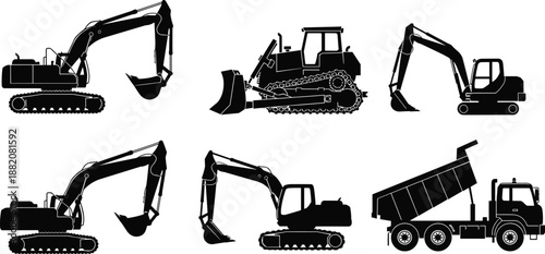Black construction machinery silhouettes featuring excavators bulldozer and dump truck isolated on white background industrial vector equipment set