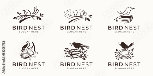set of minimalist bird's nest logo design inspiration with line root concept and leaves vector illustration.