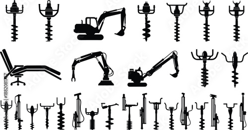 Construction drilling tools and excavator silhouettes set featuring auger drills hydraulic machines and industrial equipment isolated on white background vector collection