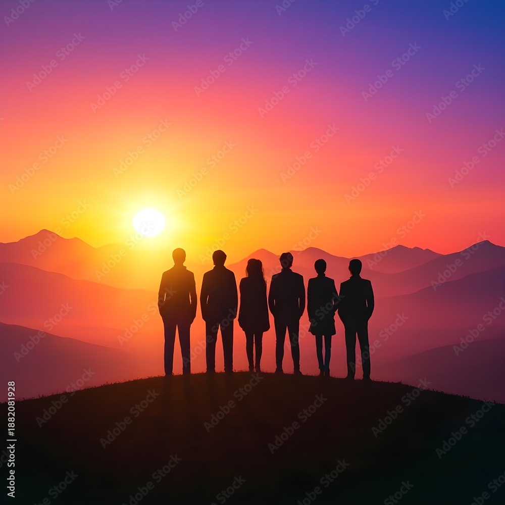 Fototapeta premium Silhouetted team on a hill at sunrise, facing mountain range. Vibrant gradient sky. Epic panoramic scene symbolizing opportunity, unity, and growth. Motivational poster style.
