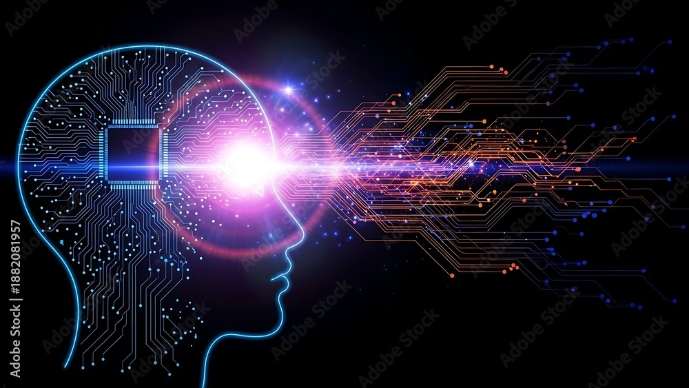 Obraz premium Glowing circuit board human head with pink light emanating blue outline black background