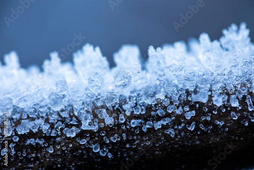 vista macro di formazioni casuali di ghiaccio sulla superficie di un piccolo tronco di un albero, in un ambiente naturale, con sfondo sfuocato, in inverno