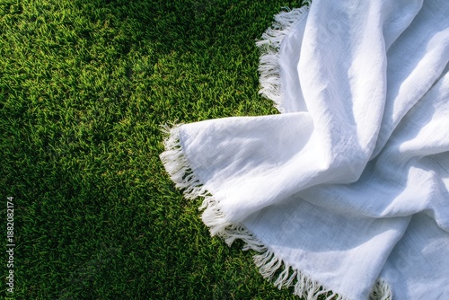 White fabric with fringed edges draped over vibrant green textured surface
