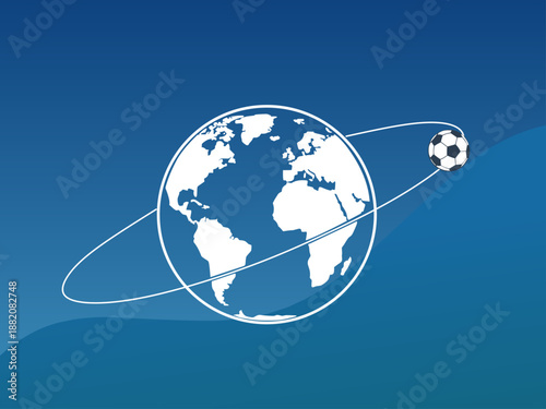 Globe orbiting a soccer ball on blue background. Suitable for sports, global events, soccer championships, travel, and athletic promotions.
