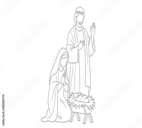 Line art depiction of the holy family mary joseph and baby jesus in a manger
