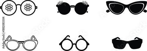 Collection of various stylish sunglasses and eyeglasses isolated on white background