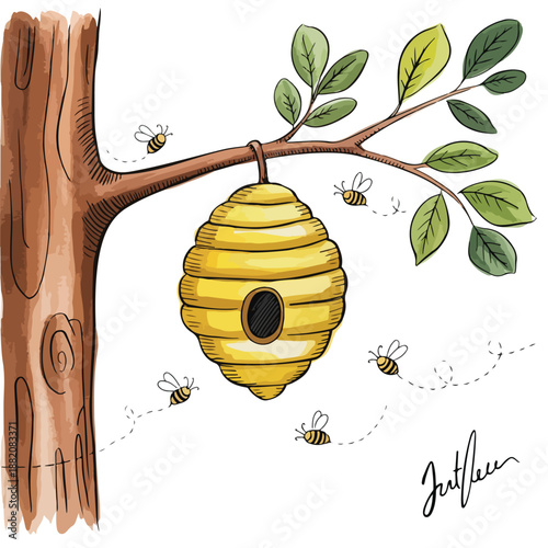 Funny cartoon art illustration of a 3d bee and honey design with a nature tree and yellow fruit grenade bomb explosive weapon in a green summer war