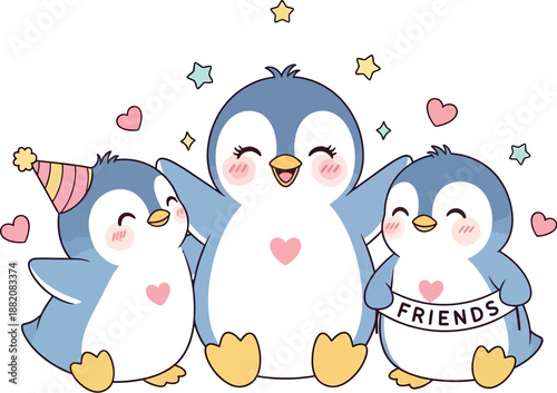 Three penguins celebrate friendship with hearts and stars around them happily